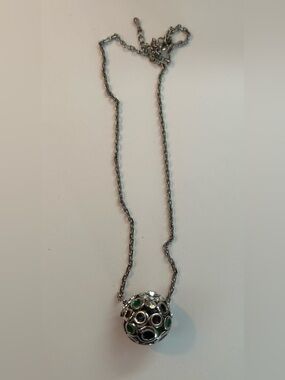 Silver tone Necklace with Green and Black Accent Orb Pendant